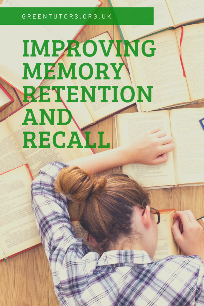 Female student with head on desk surrounded with books with the text 'Improving memory retentions and recall'